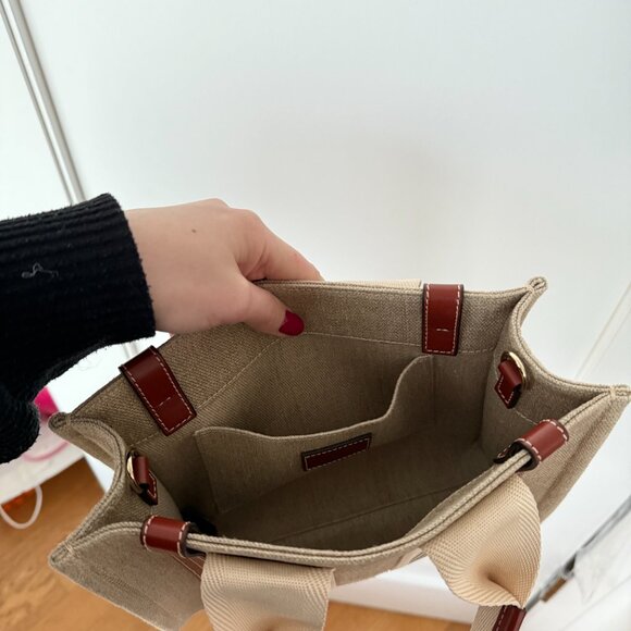 Chloé Canvas Leather Top Handle Tote Bag In Sand Beige Logo Detail Open Top - Picture 12 of 12